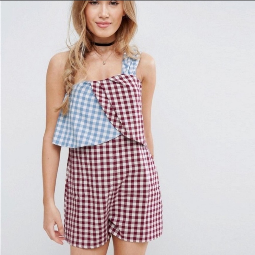 Mixed Gingham One Shoulder Romper - Multi